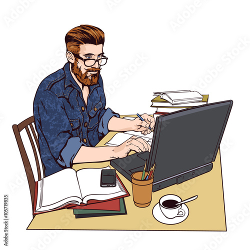 hipster man in a jeans jacket at work. A large number of documents