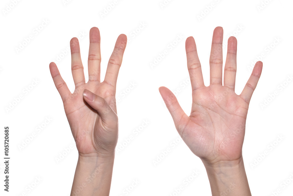 Woman hand making sign number 9. Isolated on white background Woman hand making sign number 9. Isolated on white background
