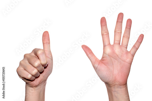 Woman hand making sign  number 6. Isolated on white background