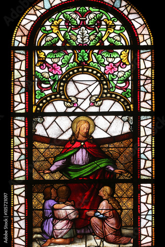 Jesus friend of children stained glass window in the Church of St. Vincent de Paul in Zagreb, Croatia