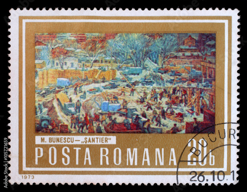 Stamp printed in Romania, shows picture Construction Area by M. Bunescu, with the same inscription, from the series Paintings showing Workers, circa 1973