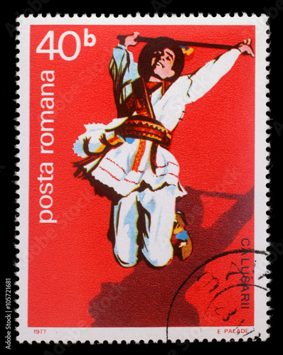 Stamp printed by Romania, shows Romanian male folk dancer, circa 1977