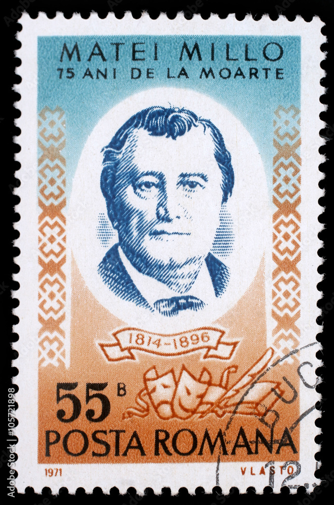 Stamp printed in Romania shows Matei Millo (1814-1896) Moldavian-born Romanian stage actor and playwright, circa 1971.
