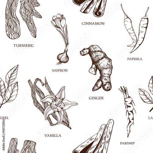 Seamless vector pattern with hand drawn vanilla sketch. Decorative vintage spice background.