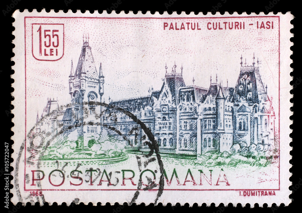 Stamp from Romania shows image of the Palace of Culture at Jassy, from the historic monuments series, circa 1968