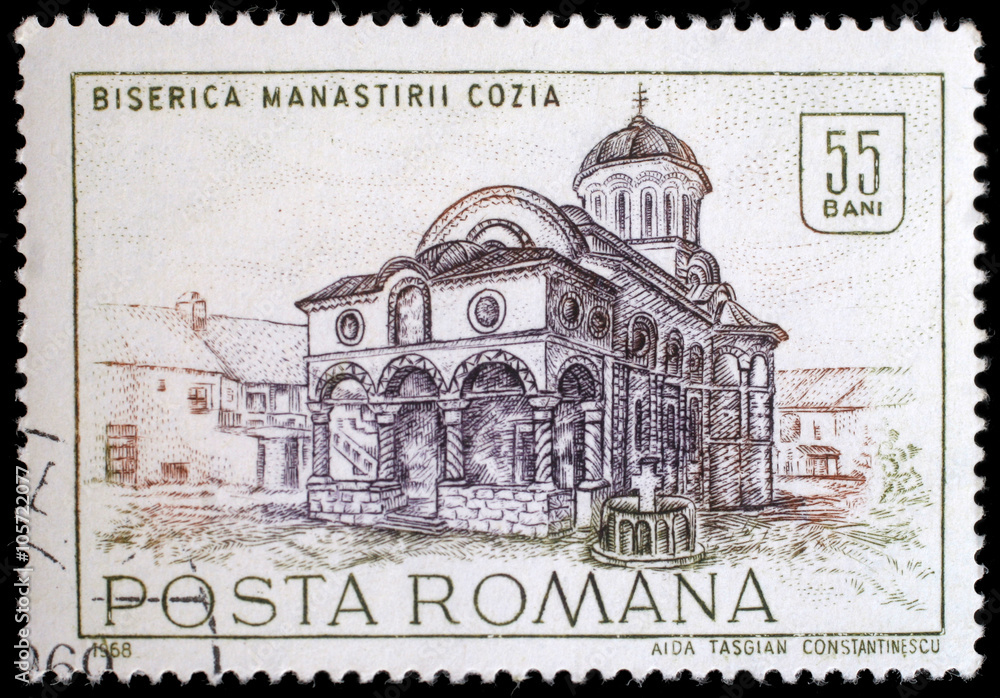 Stamp from Romania shows image of Cozia monastery church, from the historic monuments series, circa 1968