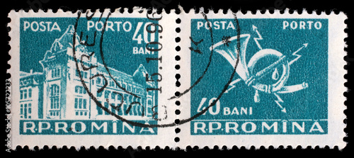 Stamp printed in Romania shows Central Post Office building (National museum of Romanian history now), circa 1967.