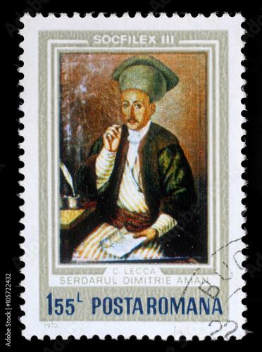 Stamp from Romania shows a painting of Serdarul Dimitrie Aman by artist Constantin Lecca, circa 1973