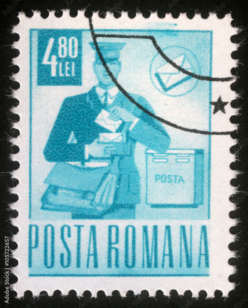Obraz premium Stamp printed in Romania shows postman on round, circa 1971.