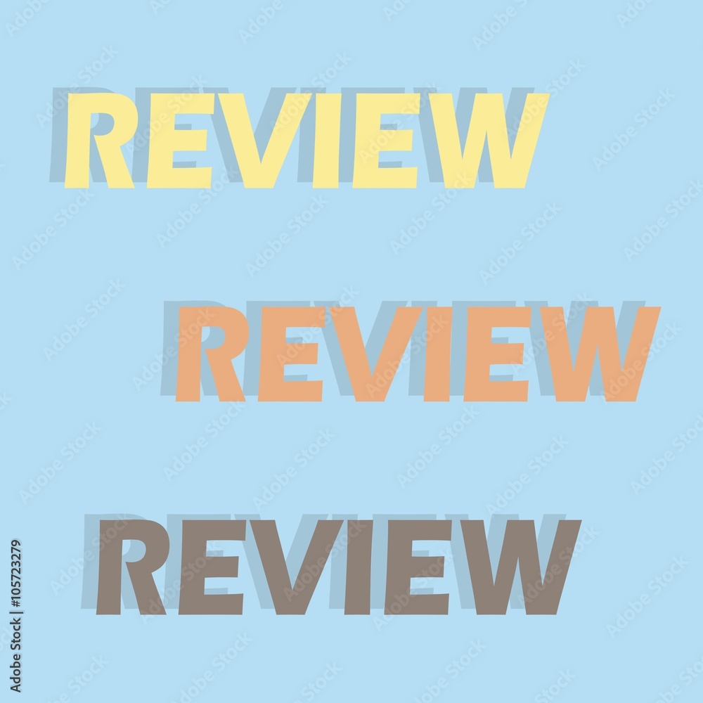 Typography banner with inscriptions Review. Yellow, red, brown letters on light blue background, shading, pastel color. Vector, flat design, design element Typography banner with inscriptions Review. Yellow, red, brown letters on light blue background, shading, pastel color. Vector, flat design, design element