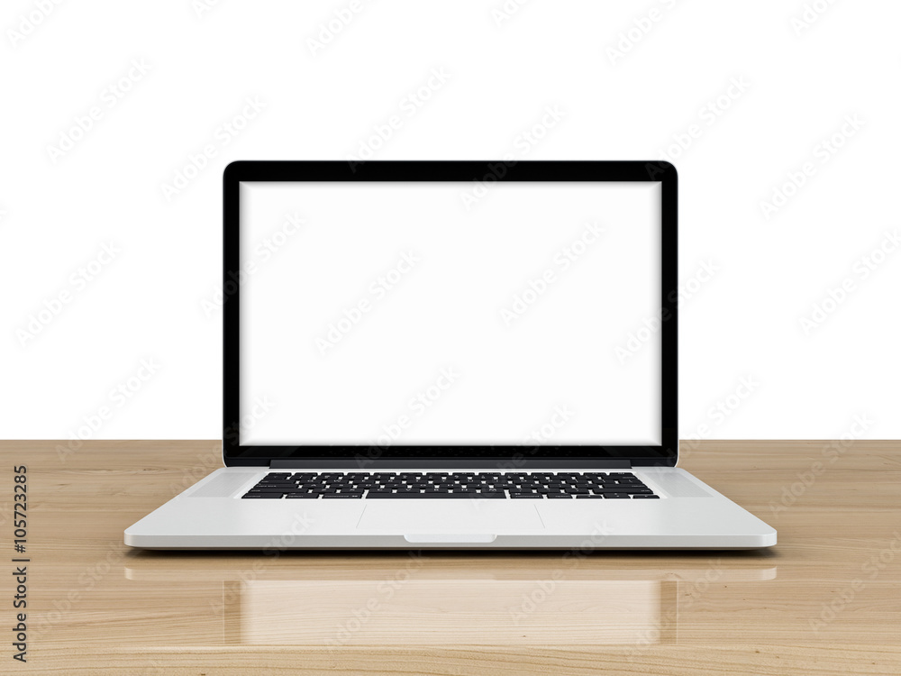 Laptop with blank screen isolated on white background, white aluminium body on blue wooden desk. Laptop with blank screen isolated on white background, white aluminium body on blue wooden desk.