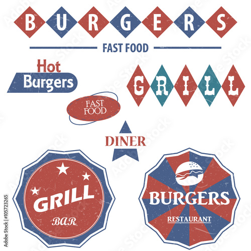 Set of vintage retro coffee elements styled design, frames, vintage labels and badges. Grill, burgers. 