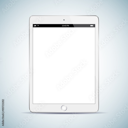 Realistic computer tablet. White glossy tablet PC. Perfect for application demo. Tablet PC mock up. Vector illustration.