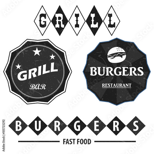Set of vintage retro coffee elements styled design, frames, vintage labels and badges. Grill, burgers. 