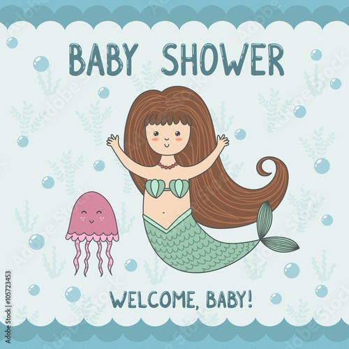 Baby shower card with cute mermaid and jellyfish