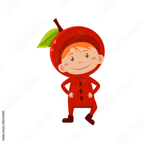 Kid In Apple Costume. Vector Illustration