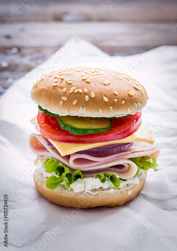 Sandwich with ham, cheese and fresh vegetables