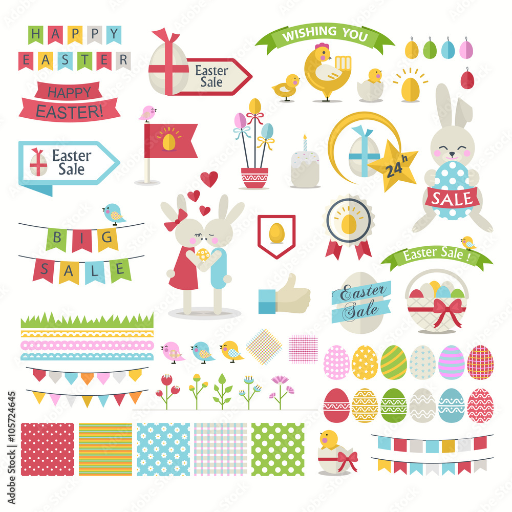 Happy Easter vector Set.Vector collection for easter design. Happy Easter isolated.Easter design elements.Cute Bunnies, chicken, chick,ribbon and other graphic holiday elements in stylish colors.