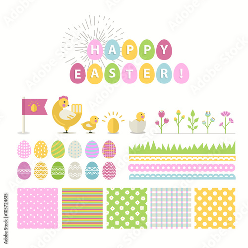 Happy Easter vector Set.Vector collection for easter design. Happy Easter isolated.Easter design elements.Cute chicken,chick and other holiday elements with seamless pattern in stylish colors.