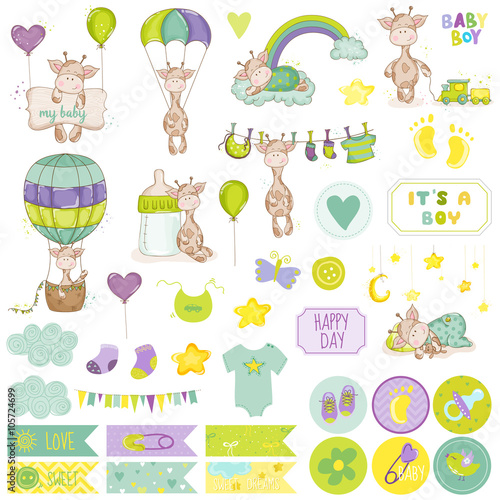 Baby Boy Giraffe Scrapbook Set. Vector Scrapbooking. Decorative Elements