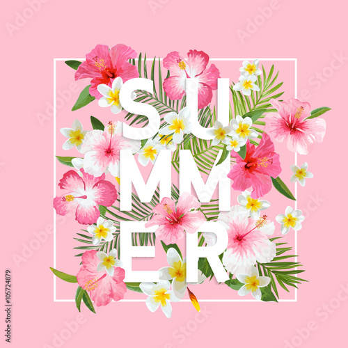 Tropical Flowers and Leaves Background. Summer Design. Vector. T-shirt Design