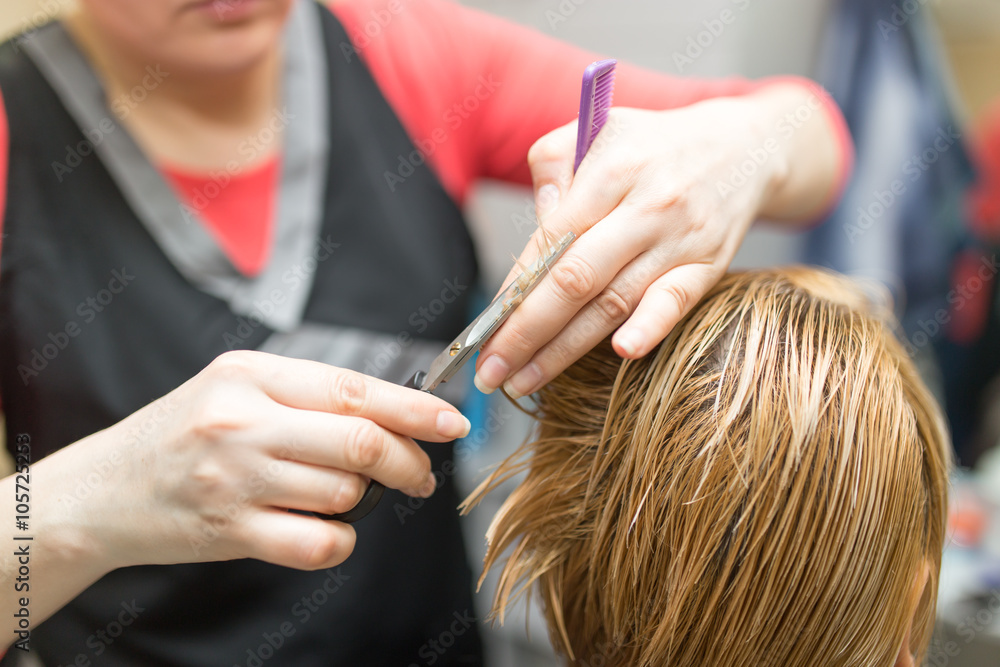 Female hair cutting scissors in beauty salon Female hair cutting scissors in beauty salon