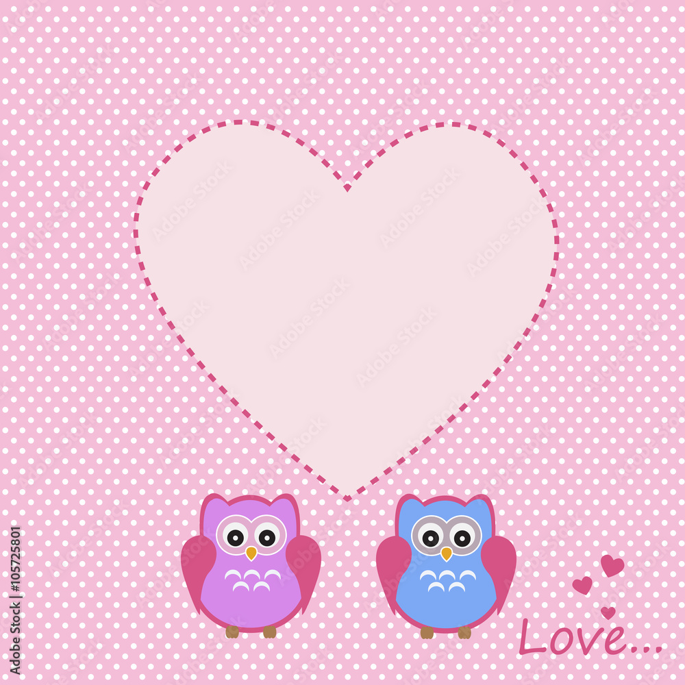 Vector frame, card with a romantic theme. Love owls and heart