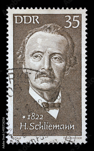 Stamp printed in GDR shows Heinrich Schliemann (1822-1890), archaeologist, circa 1972