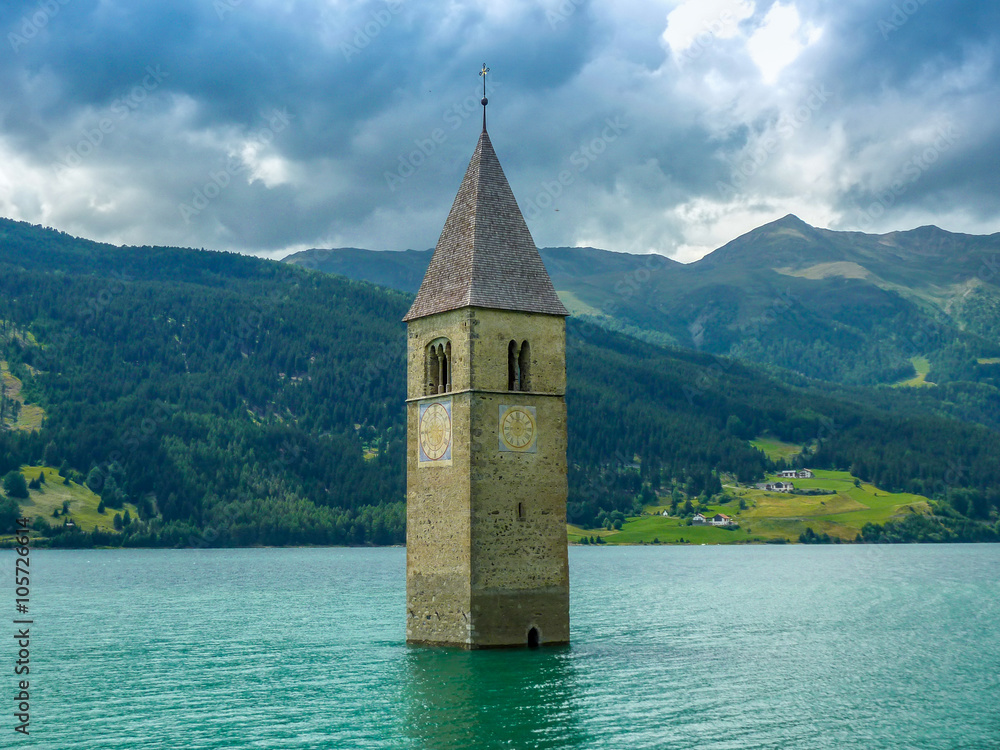 Bell tower of the Church in the Resia lake - 3