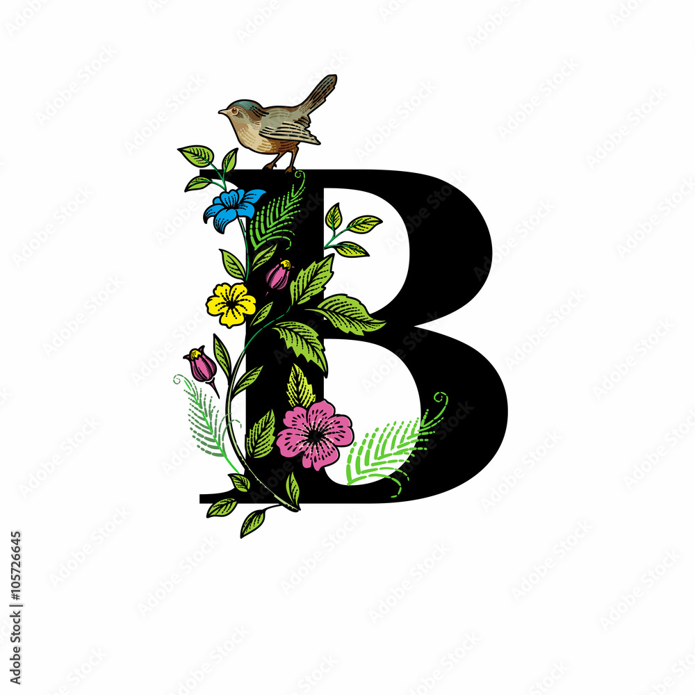 Буква В с цветами и птичкой, черная на белом фоне Векторный объект Stock |  Adobe Stock