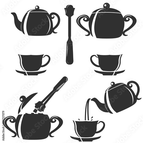 Set of vector elements for tea. kettle, Cup, sugar bowl