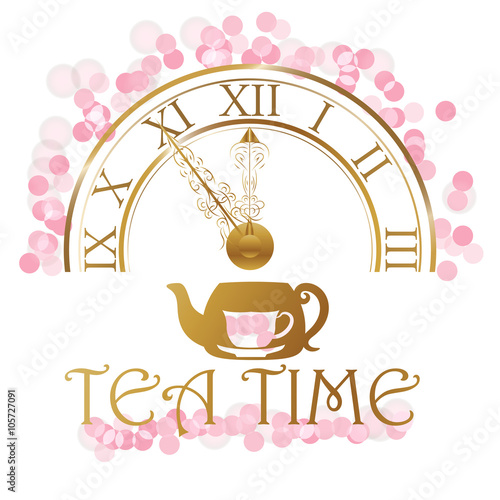 A gold watch and a kettle with cups. tea time . vector