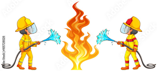 Two firemen putting out the fire