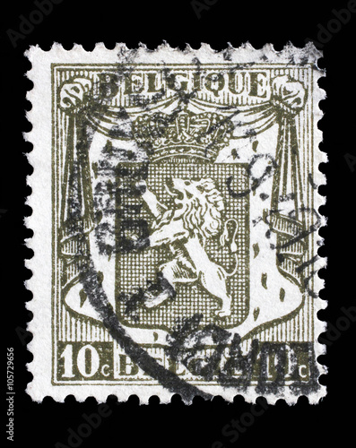 Stamp printed in Belgium shows Belgian coat of arms, circa 1912