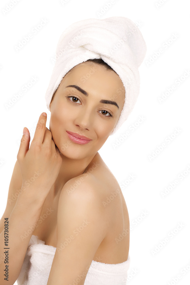 Portrait of Fresh and Beautiful brunette woman wearing white tow Portrait of Fresh and Beautiful brunette woman wearing white tow