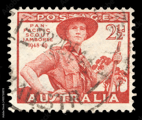 AUSTRALIA-CIRCA 1952: A stamp printed in Australia dedicated to Pan-Pacific Scout Jamboree, Victoria, portrayed Scout in Uniform, circa 1952 photo