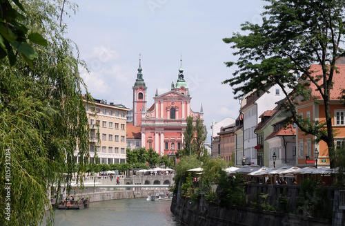 Franciscan Church of the Annunciation and Triple Bridge on the Ljubljanica River in Ljubljana, Slovenia 