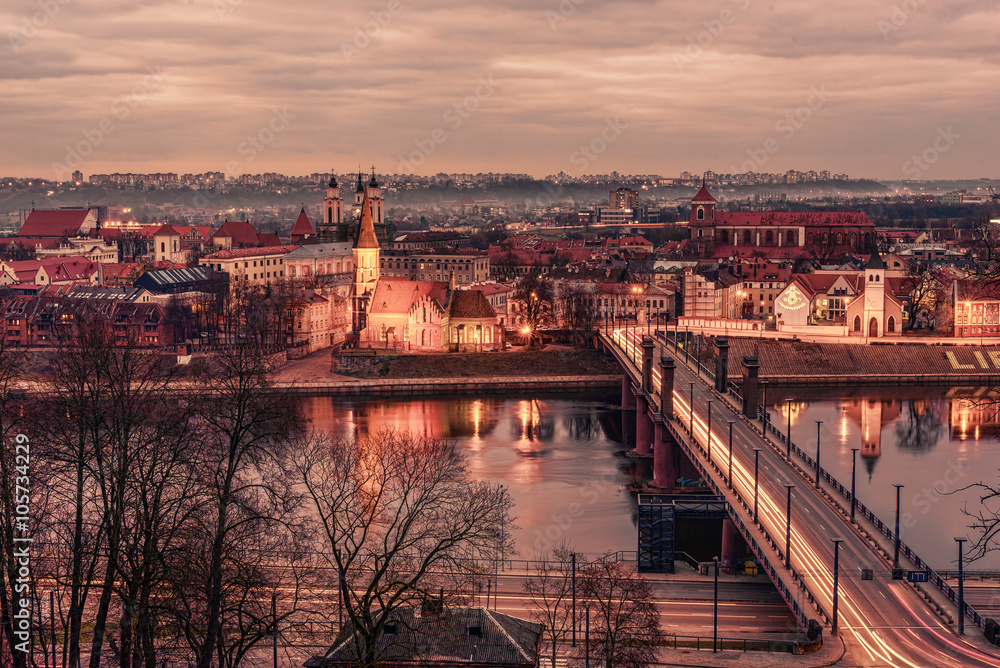 Kaunas, Lithuania: aerial view of Old Town in the sunset Kaunas, Lithuania: aerial view of Old Town in the sunset