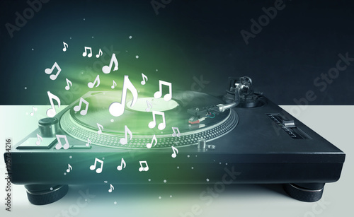 Wallpaper Mural Turntable playing music with audio notes glowing Torontodigital.ca