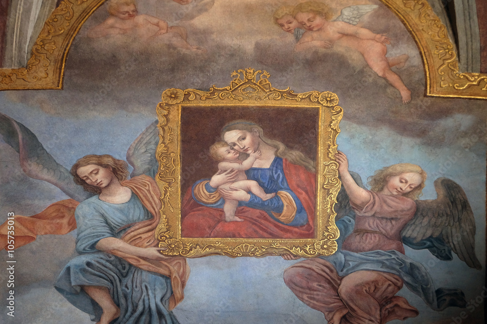 Obraz premium Virgin Mary with baby Jesus, fresco in the Franciscan Church in Ljubljana, Slovenia