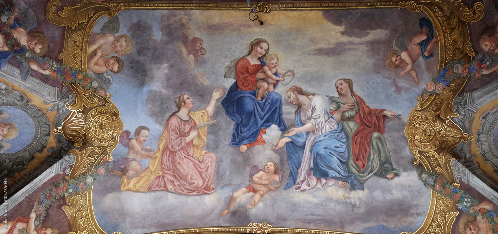 Virgin Mary with the baby Jesus surrounded by saints and angels, Franciscan Church in Ljubljana, Slovenia - obrazy, fototapety, plakaty 