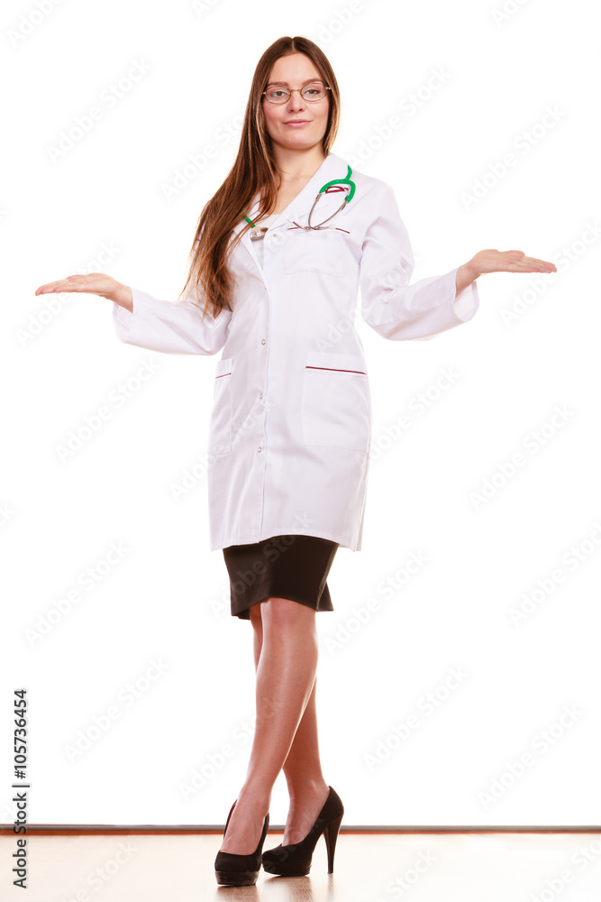 Woman doctor with empty hands palms copyspace. Woman doctor with empty hands palms copyspace.