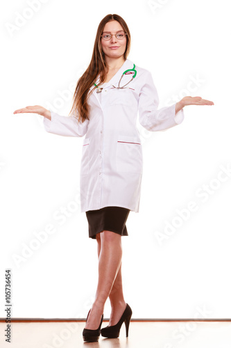 Woman doctor with empty hands palms copyspace.