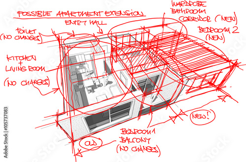 Apartment diagram with hand drawn architect`s sketches