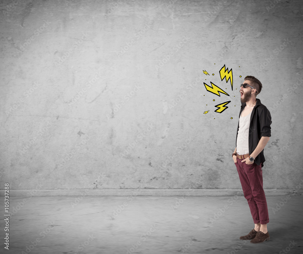 Funny hipster in fashion clothing shouting Funny hipster in fashion clothing shouting