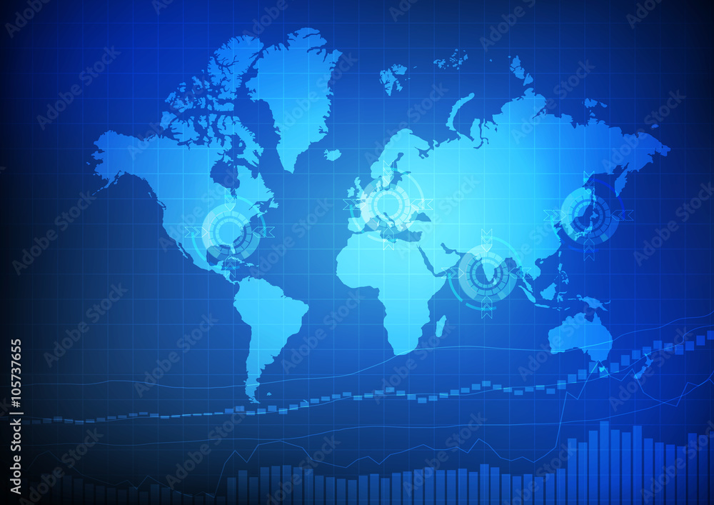 Vector : World map with business graph on blue background Vector : World map with business graph on blue background