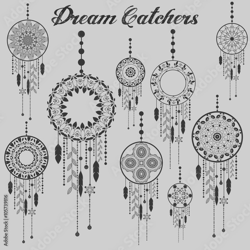 Dream catcher dreamcatcher aztec feather tribal vector patterned set with decoration. Native american illustration