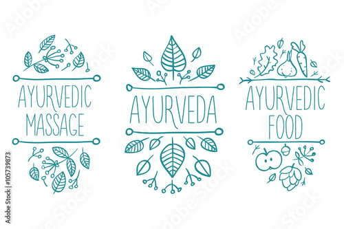 Ayurveda medicine, aromatherapy candle, water, bowl, oil, tea, bottle, flower, leaf, spirit spa set. Hand drawn natural therapy vector illustration
