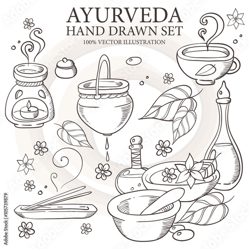 Ayurveda medicine, aromatherapy candle, water, bowl, oil, tea, bottle, flower, leaf, spirit spa set. Hand drawn natural therapy vector illustration