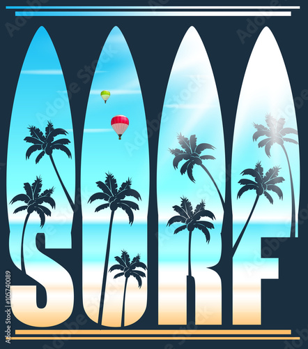 Photography Surf Lettering Vector Illustration with Palm Trees at the Beach for Promotional